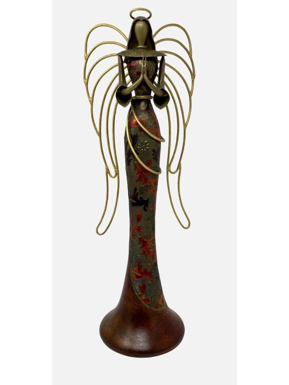 Vintage Large Wooden Praying Angel  Sculpture With Gold Metal Wings 19”  RARE